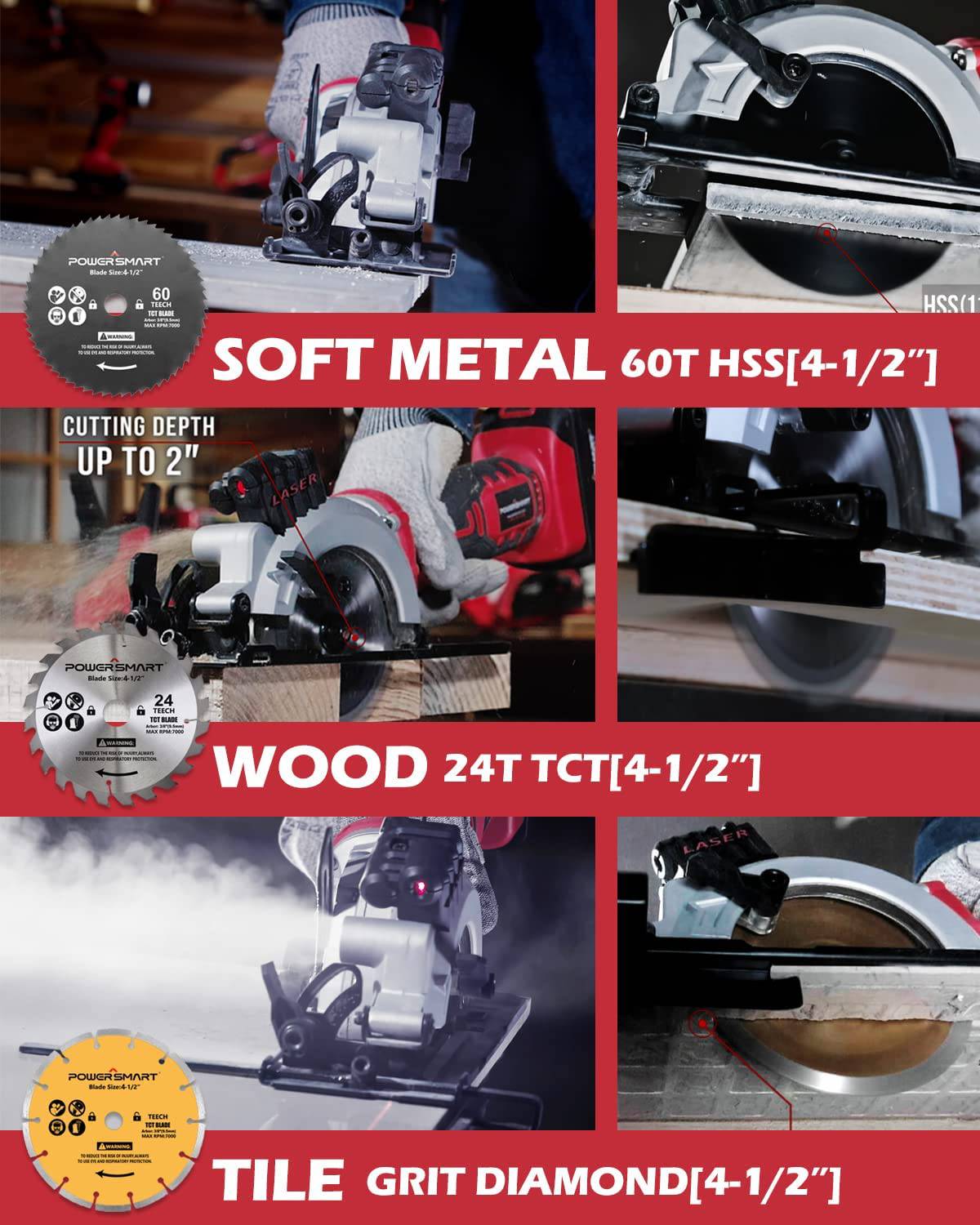 Sierra circular inalámbrica PowerSmart, minisierra circular inalámbrica de 20 V y 4-1/2 pulgadas, 4500 RPM, guía láser y paralela, 4 cuchillas para madera, metal blando y azulejos, batería de 4,0 Ah y cargador rápido incluido - DIGVICE MX