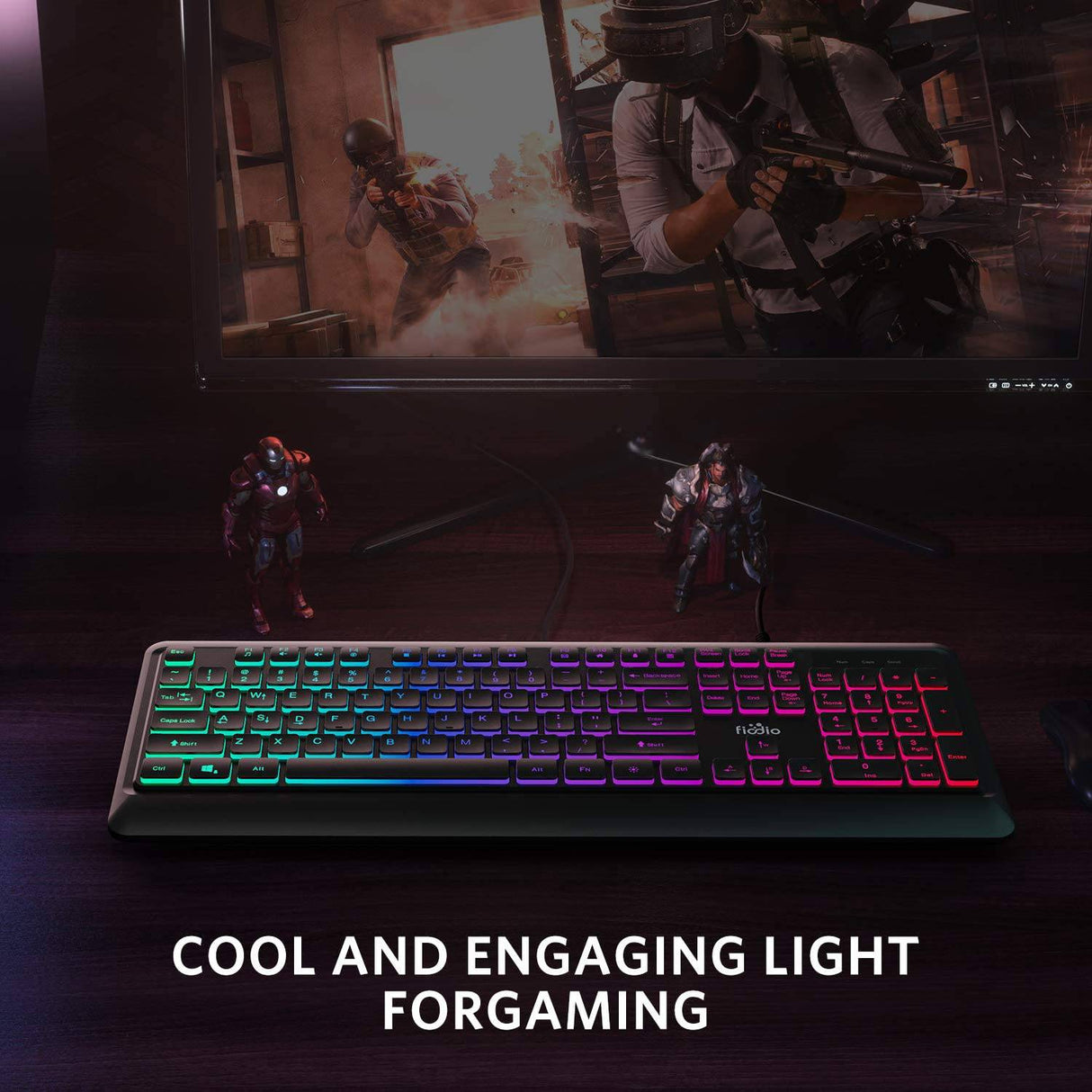 Fiodio Rainbow Membrane Gaming Keyboard, Silent Wired Computer Keyboard, 104 Silent Keys, 26 Anti-Ghosting Keys, Resistente a derrames, Control multimedia para PC y escritorio