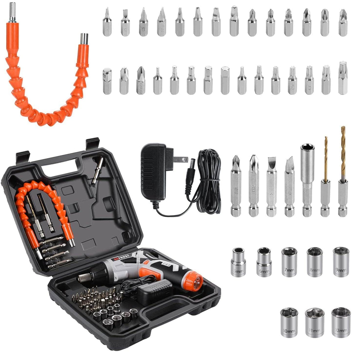 Destornillador eléctrico inalámbrico AsFrost 3.6V 2000mAh Recargable Pistola de tornillo y juego de puntas, 45 piezas de accesorios, 7 ajustes de torsión, mango de 2 posiciones con luz LED, eje flexible - DIGVICE MX