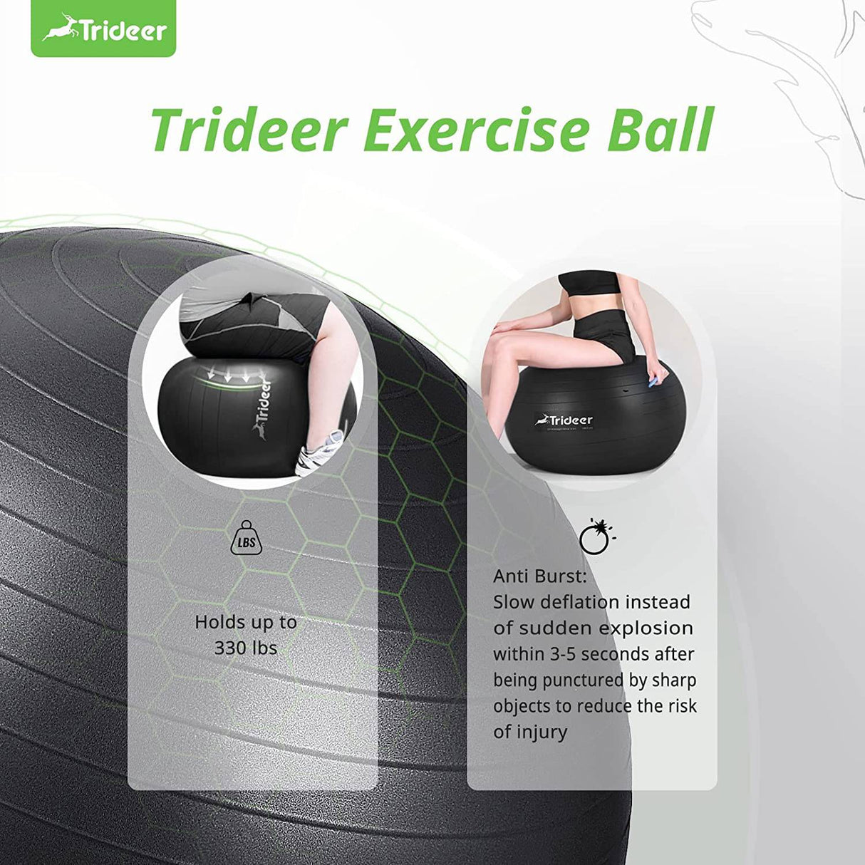 Trideer - Pelota de yoga para ejercicio, silla de 5 tamaños, pelota suiza resistente para equilibrio, estabilidad, embarazo y fisioterapia, bomba rápida incluida. LARGE