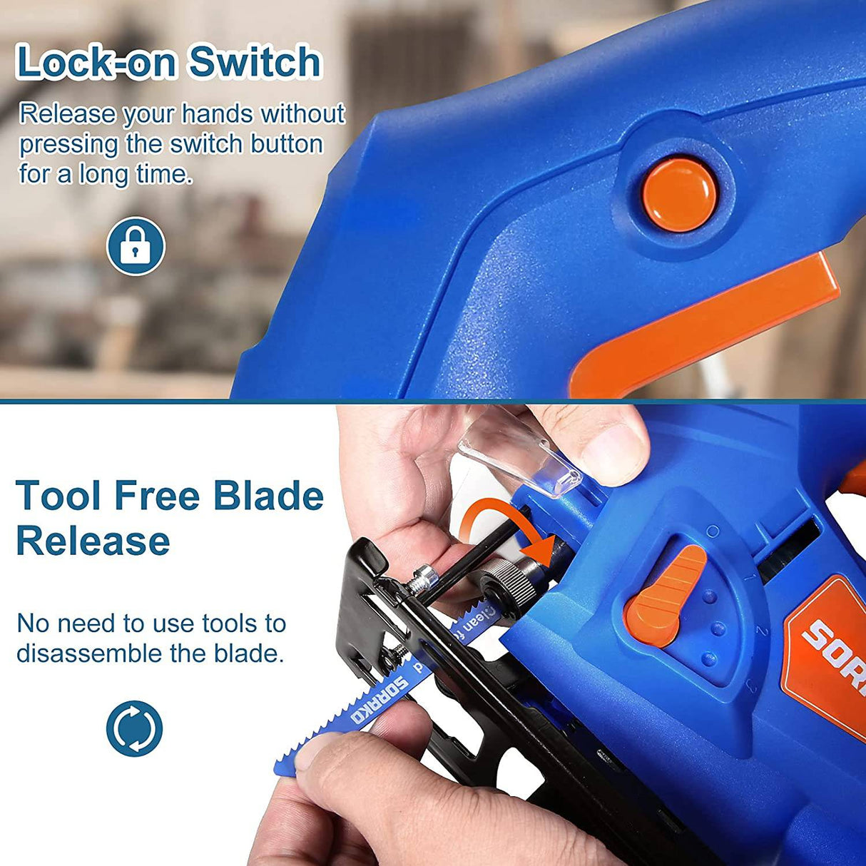 Sierra de calar SORAKO, herramienta de 5,0 amperios con 6 velocidades variables, 4 juegos orbitales, corte biselado: ±45°, profundidad máxima de corte de 2-3/8 pulgadas para madera, 800-3000SPM, con cable con 2 cuchillas y regla de escala - DIGVICE MX