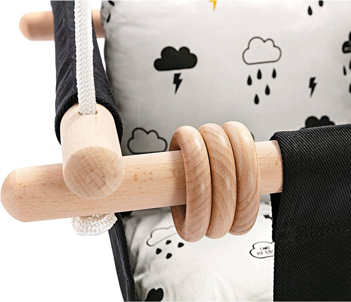 Milan Secure Canvas and Wooden Baby - Columpio exterior Juguetes para niños Columpios 6-36 meses con anillo de madera natural y cojín de nube, blanco y negro - DIGVICE MX
