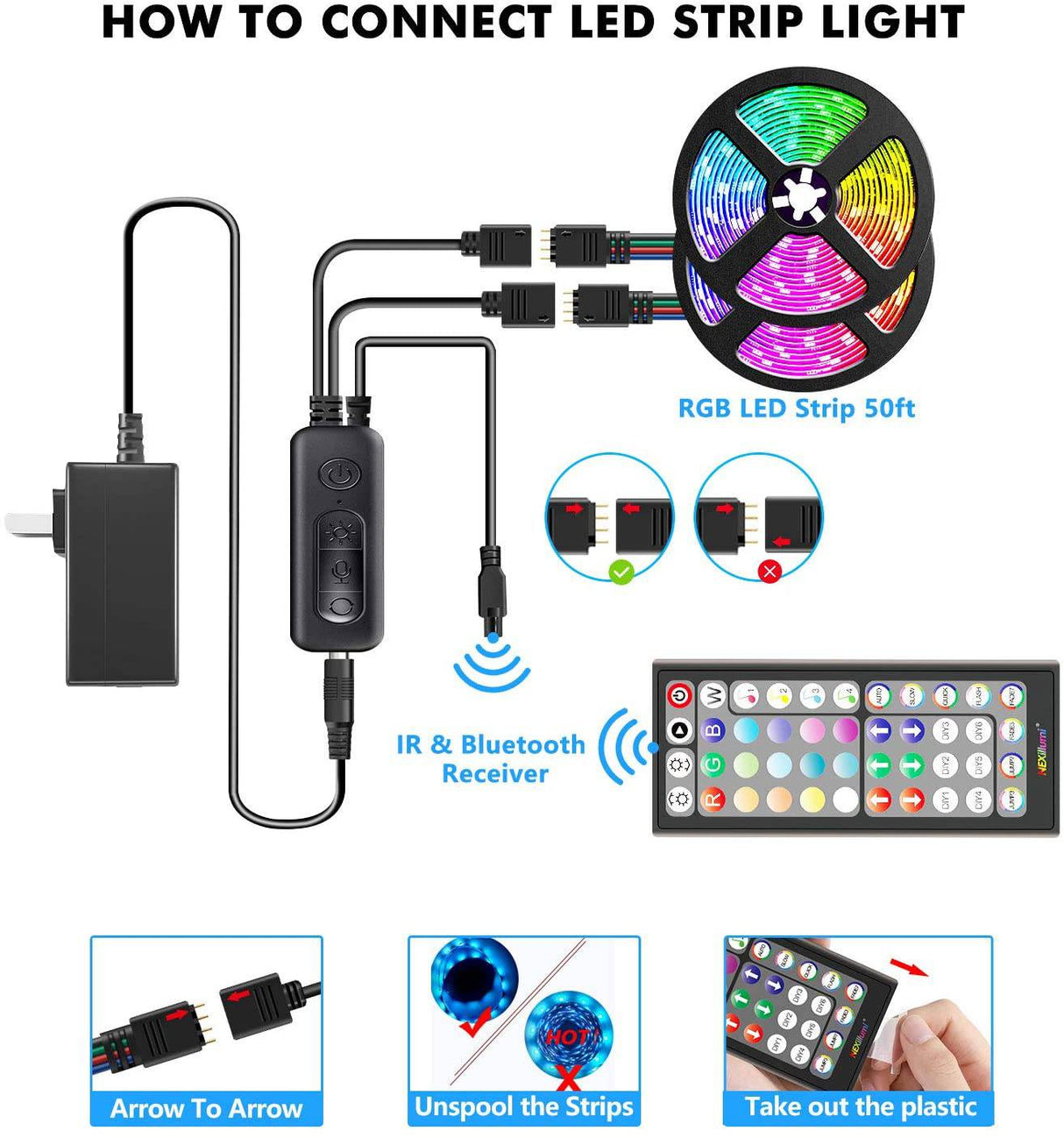 Nexillumi - Tira de luces LED de 50 pies, sincronización de música, tira de LED RGB que cambia de color, mando a distancia de 44 teclas, micrófono integrado sensible, luces LED controladas por aplicación, tira de luces LED 5050 RGB - DIGVICE MX