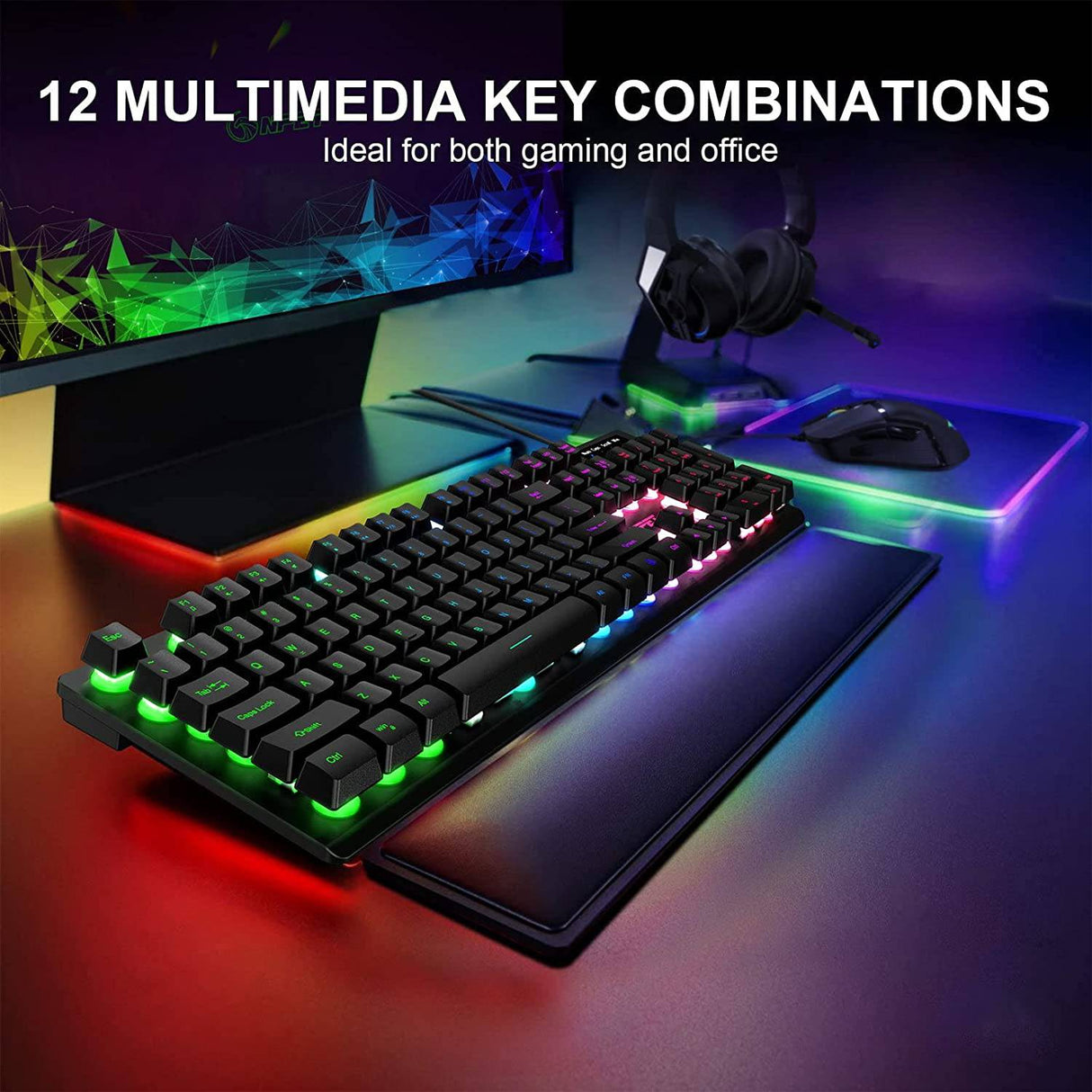NPET K10 - Teclado para juegos, retroiluminación RGB, diseño resistente a derrames, teclas multimedia, teclado de membrana USB silencioso y silencioso para escritorio, computadora, PC (negro)
