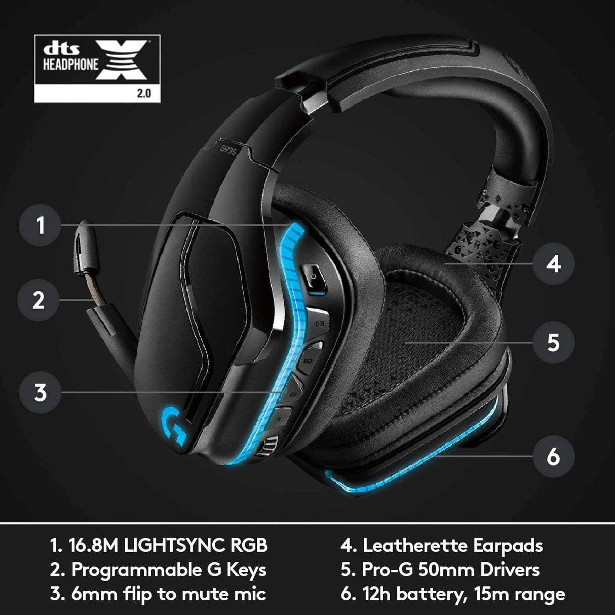 Logitech G935 Wireless DTS:X 7.1 Surround Sound LIGHTSYNC RGB Auriculares para juegos de PC - Negro/Azul