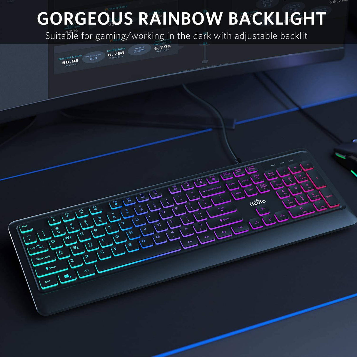 Fiodio Rainbow Membrane Gaming Keyboard, Silent Wired Computer Keyboard, 104 Silent Keys, 26 Anti-Ghosting Keys, Resistente a derrames, Control multimedia para PC y escritorio