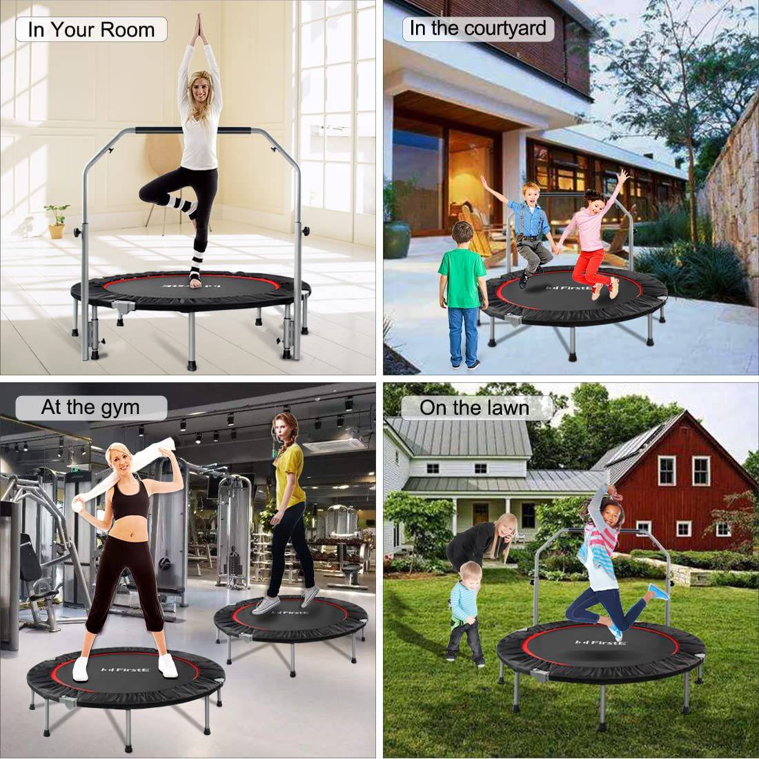 FirstE - Trampolines de fitness plegables de 48 pulgadas con pasamanos de espuma de altura ajustable de 4 niveles, trampolín de salto para niños y adultos en interiores y exteriores, carga máxima de 440 libras