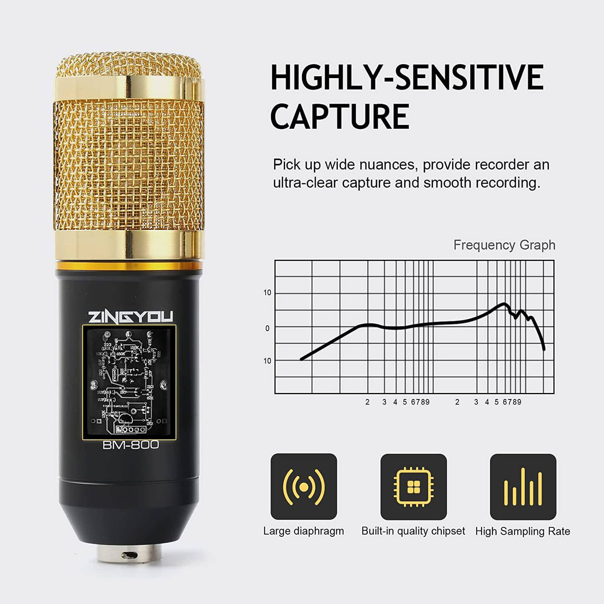 ZINGYOU - Micrófono de condensador, kit de micrófono BM-800 con brazo de tijera de suspensión de micrófono ajustable, soporte de choque de metal y filtro pop de doble capa para grabación y transmisión de estudio (dorado)