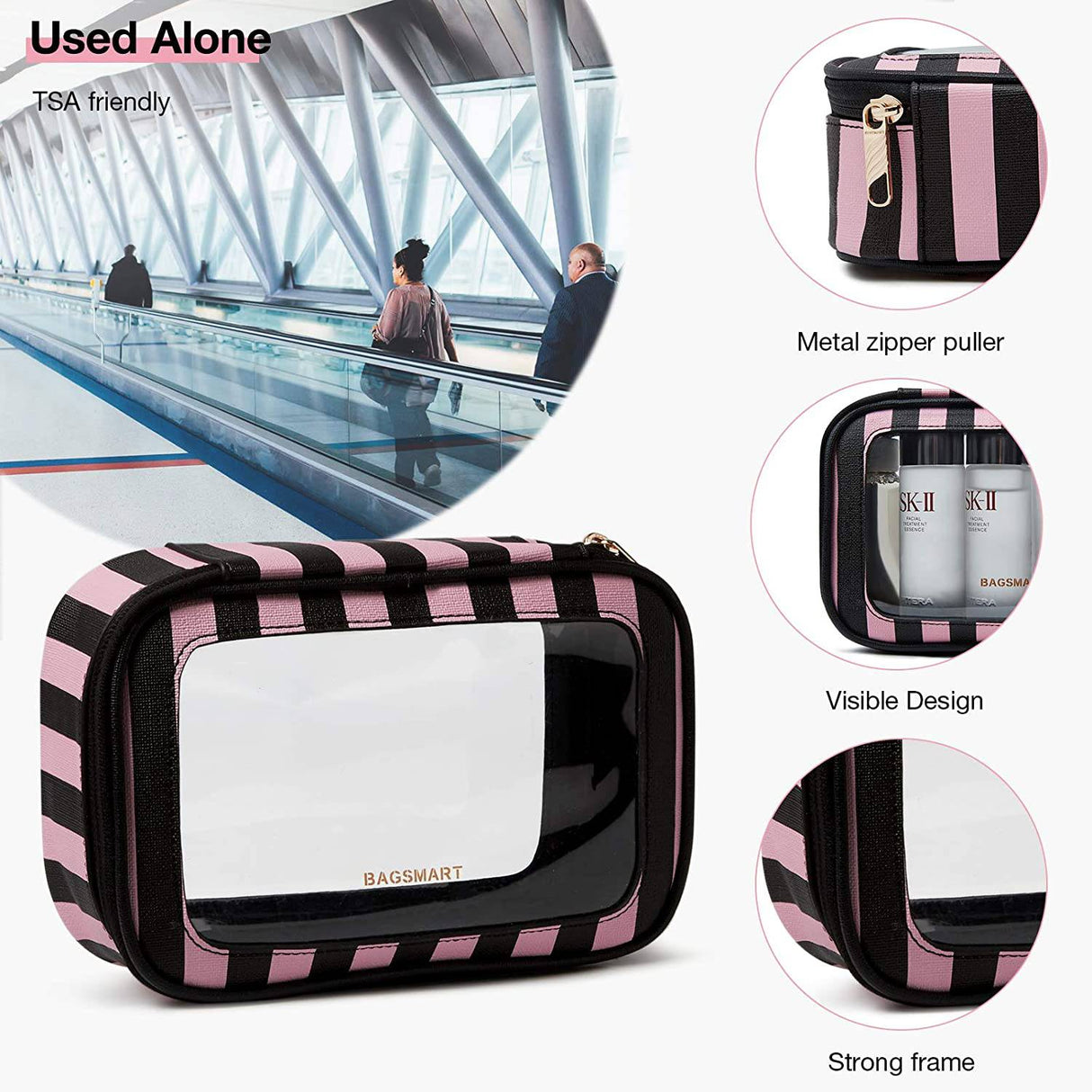 BAGSMART - Bolsa de maquillaje grande, estuche de viaje con bolsa de aseo transparente, organizador de maquillaje de doble capa con divisores ajustables, bolsa de almacenamiento portátil para artistas, rayas de cuero negro y rosa
