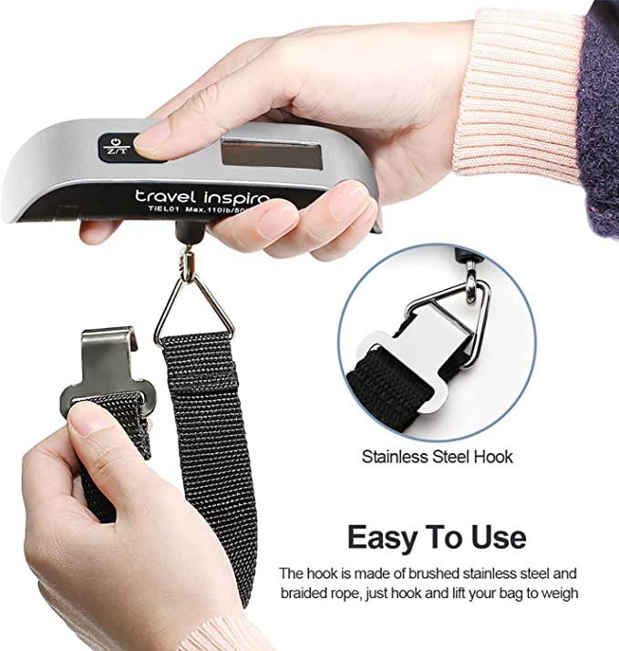 Travel inspira - báscula de equipaje colgante digital portátil para viajes, báscula de peso de maleta con pintura de goma, 110 libras, batería incluida