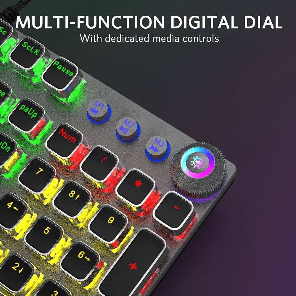 Fiodio - Teclado mecánico para juegos, retroiluminación LED Rainbow Gaming, 104 teclas anti-efecto fantasma, interruptores negros de respuesta rápida, control multimedia para PC y computadora de escritorio, con reposamanos extraíble