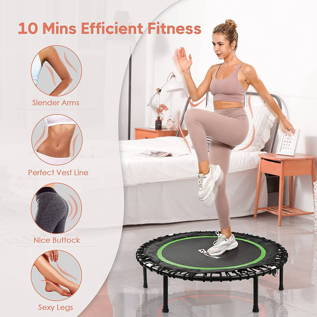 BCAN 300LBS/450LBS Mini trampolín plegable, 38" Fitness Trampoline con almohadilla de seguridad/cuerdas elásticas, rebote de ejercicio estable y silencioso para niños adultos entrenamiento en interior/jardín