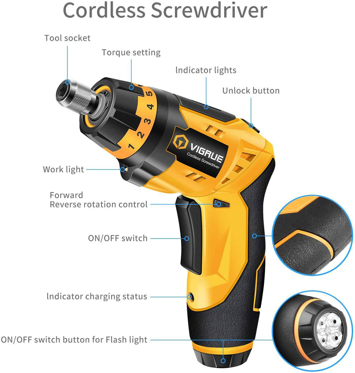 Destornillador inalámbrico VIGRUE, destornillador eléctrico recargable con juego de 48 piezas, indicador de batería, 7 ajustes de par, mango de 2 posiciones con luz LED, eje flexible - DIGVICE MX