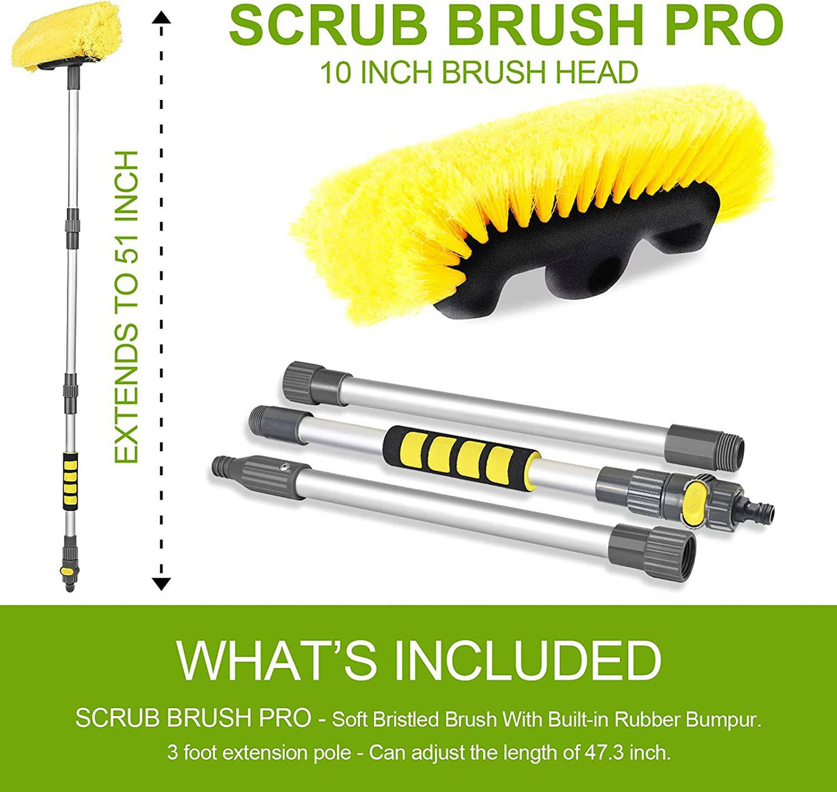 Anyyion Cepillo de lavado de autos de 51 pulgadas con cerdas suaves de 10 pulgadas, interruptor de encendido/apagado para el cepillo de lavado de autos, camiones, barcos, perfecto para limpiar el revestimiento de la casa, autos, camiones, SUV