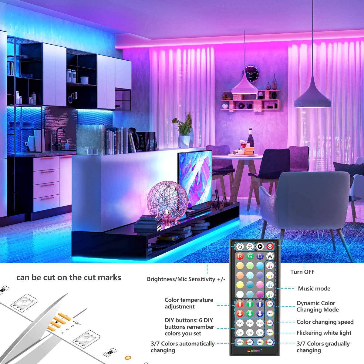 Nexillumi - Tira de luces LED de 50 pies, sincronización de música, tira de LED RGB que cambia de color, mando a distancia de 44 teclas, micrófono integrado sensible, luces LED controladas por aplicación, tira de luces LED 5050 RGB - DIGVICE MX