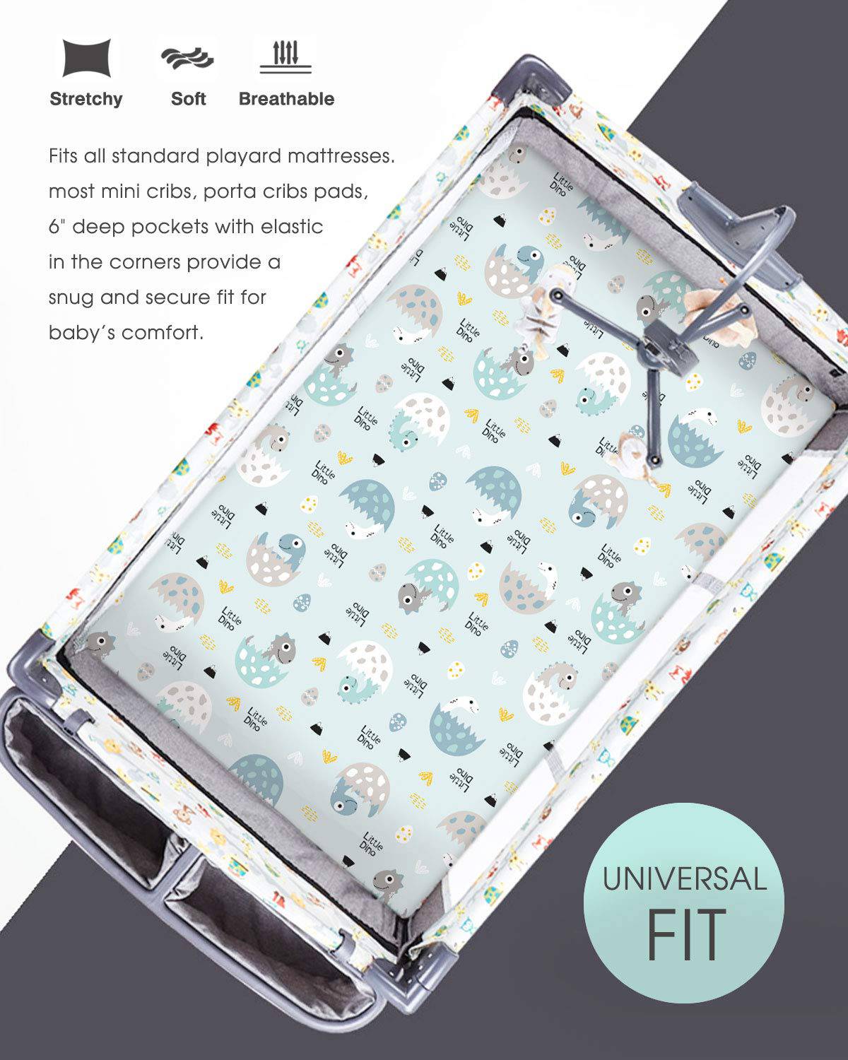 GRSSDER Stretch Ultra Soft Jersey Knit Pack n Play Juego de sábanas bajeras, paquete de 2. Sábanas portátiles/mini cunas Playards, dinosaurios felices para niñas y niños - DIGVICE MX