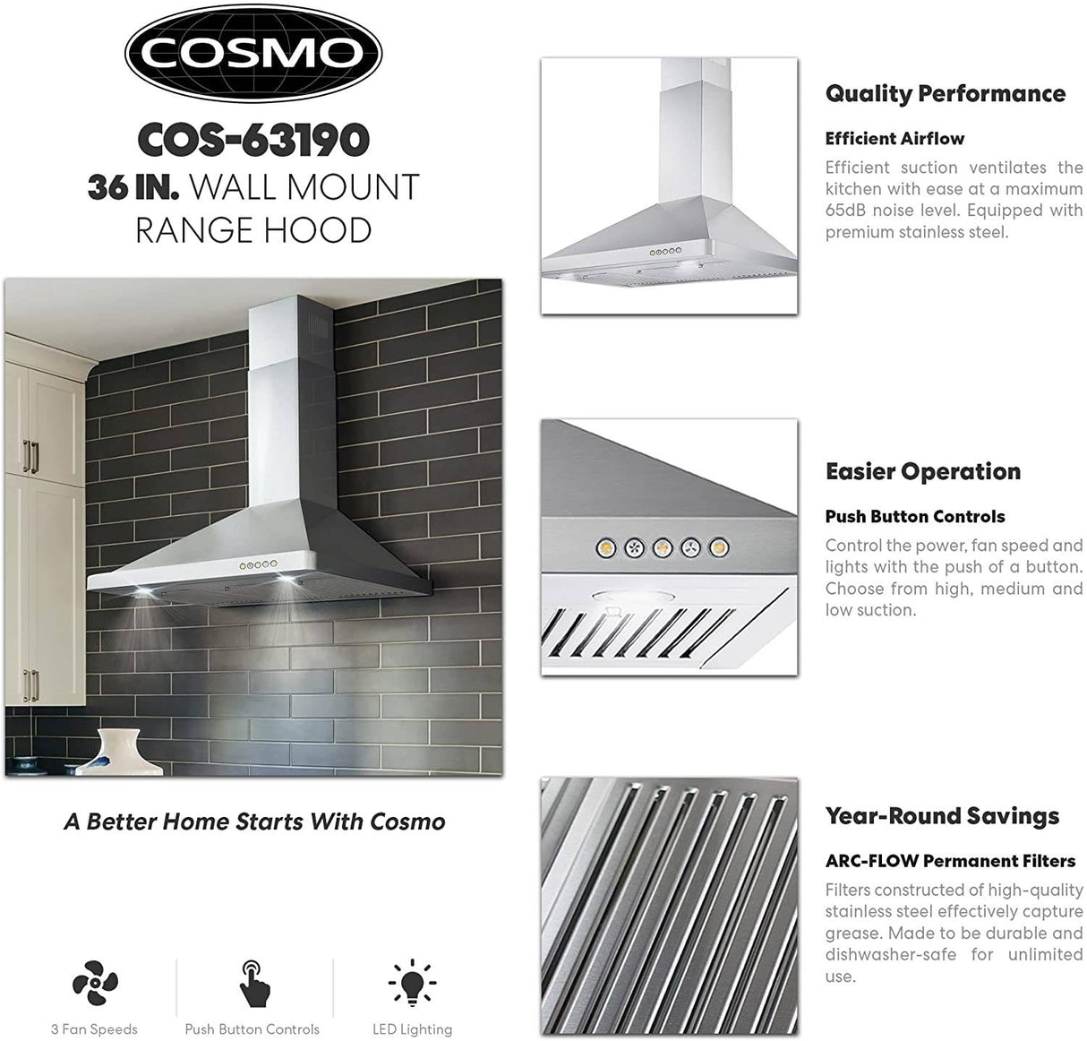 COSMO 63190 Campana de montaje en pared de 36 pulgadas con conductos convertibles sin conductos (no incluye kit), ventilación sobre la estufa estilo chimenea de cocina, ventilador de escape de 3 velocidades, filtros permanentes - DIGVICE MX