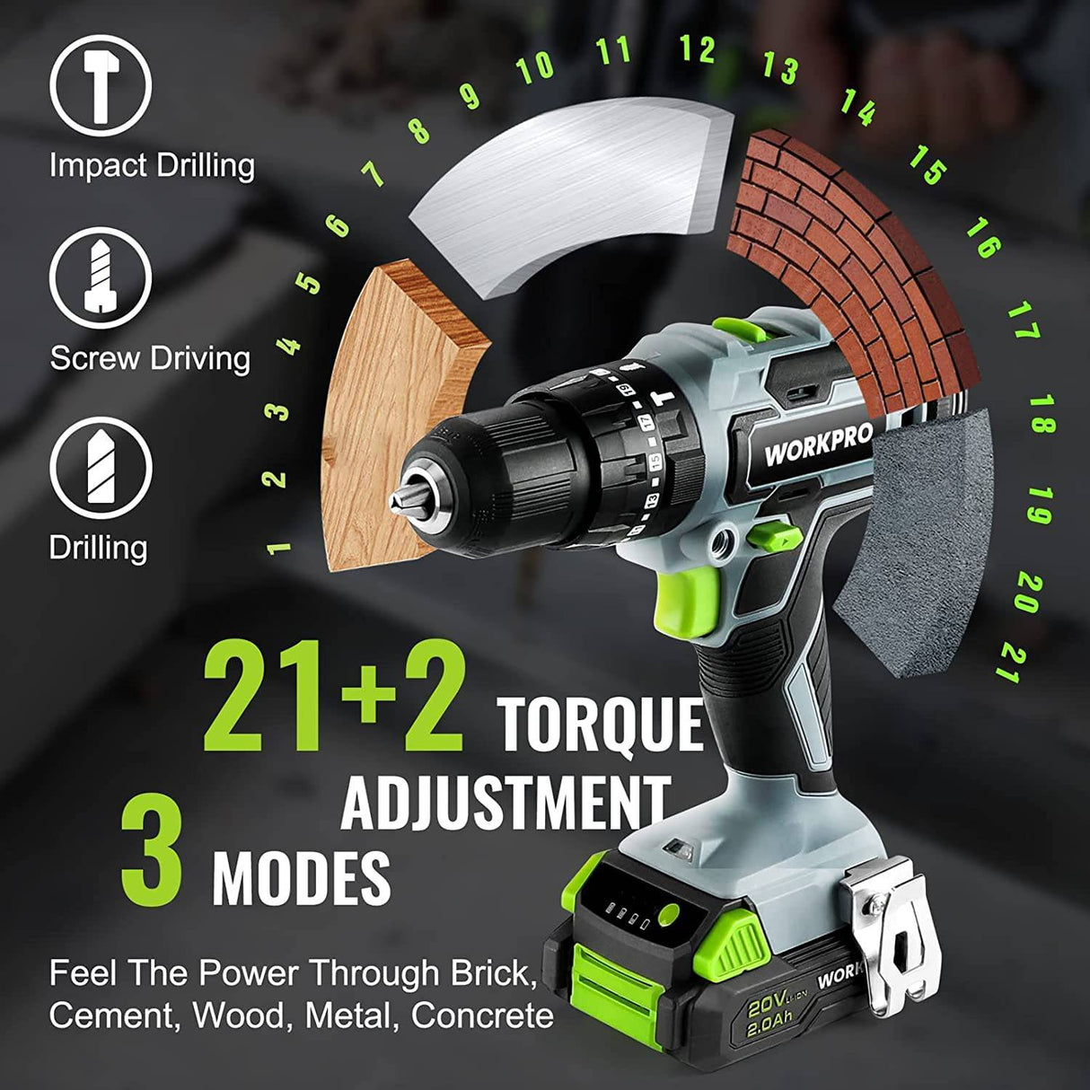 WORKPRO Juego de taladro inalámbrico máximo de 20 V, herramienta de taladro de impacto de energía eléctrica con 102 piezas, kit de taladro de impacto de portabrocas de 1/2 pulgada con estuche portátil, 2 baterías de iones de litio de 2.0 Ah - DIGVICE MX