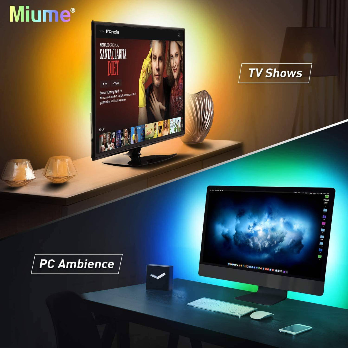Miume Retroiluminación Led Music tv con tira de luces LED de 16,4 pies para TV de 61-80 pulgadas, retroiluminación Led de TV alimentada por USB RGB con aplicación y Control remoto - DIGVICE MX