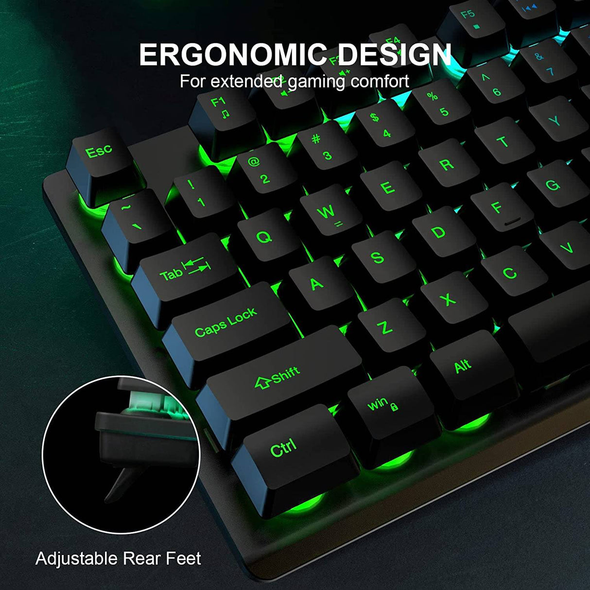 NPET K10 - Teclado para juegos, retroiluminación RGB, diseño resistente a derrames, teclas multimedia, teclado de membrana USB silencioso y silencioso para escritorio, computadora, PC (negro)