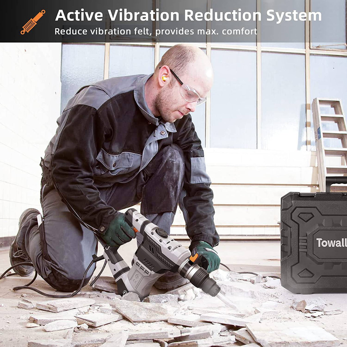 Taladro de martillo giratorio, Towallmark SDS Plus martillo taladro 9 amperios 6J antivibración, peso medio, 4 funciones en 1 perilla martillo giratorio para hormigón, ladrillos, azulejos incluyendo brocas y cinceles - DIGVICE MX