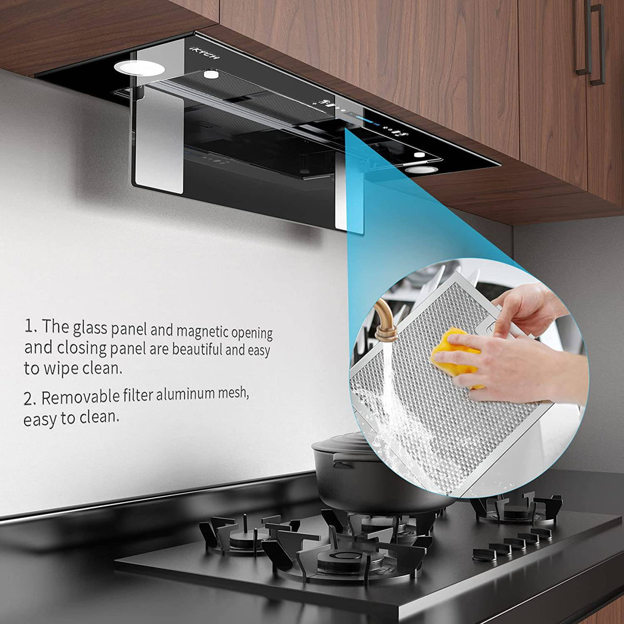 IKTCH Campana extractora integrada/insertada de 36'', vidrio templado de 900 CFM con detección de gestos y control táctil, convertible con conductos/sin conductos, 2 luces ajustables IKB01-36B - DIGVICE MX