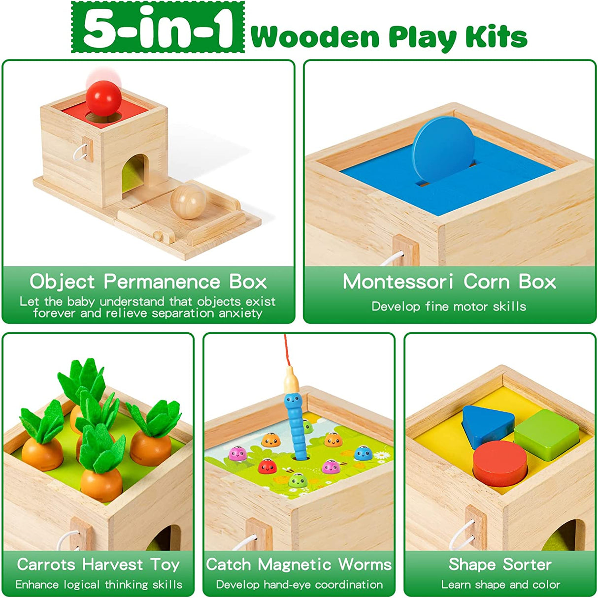LACCHOUFEE - Kit de juego de madera 5 en 1 Juguete Montessori - Caja de permanencia de objetos, Caja de monedas, Cosecha de zanahorias, Captura de gusanos, Clasificador de formas - B0B1MMTKTK