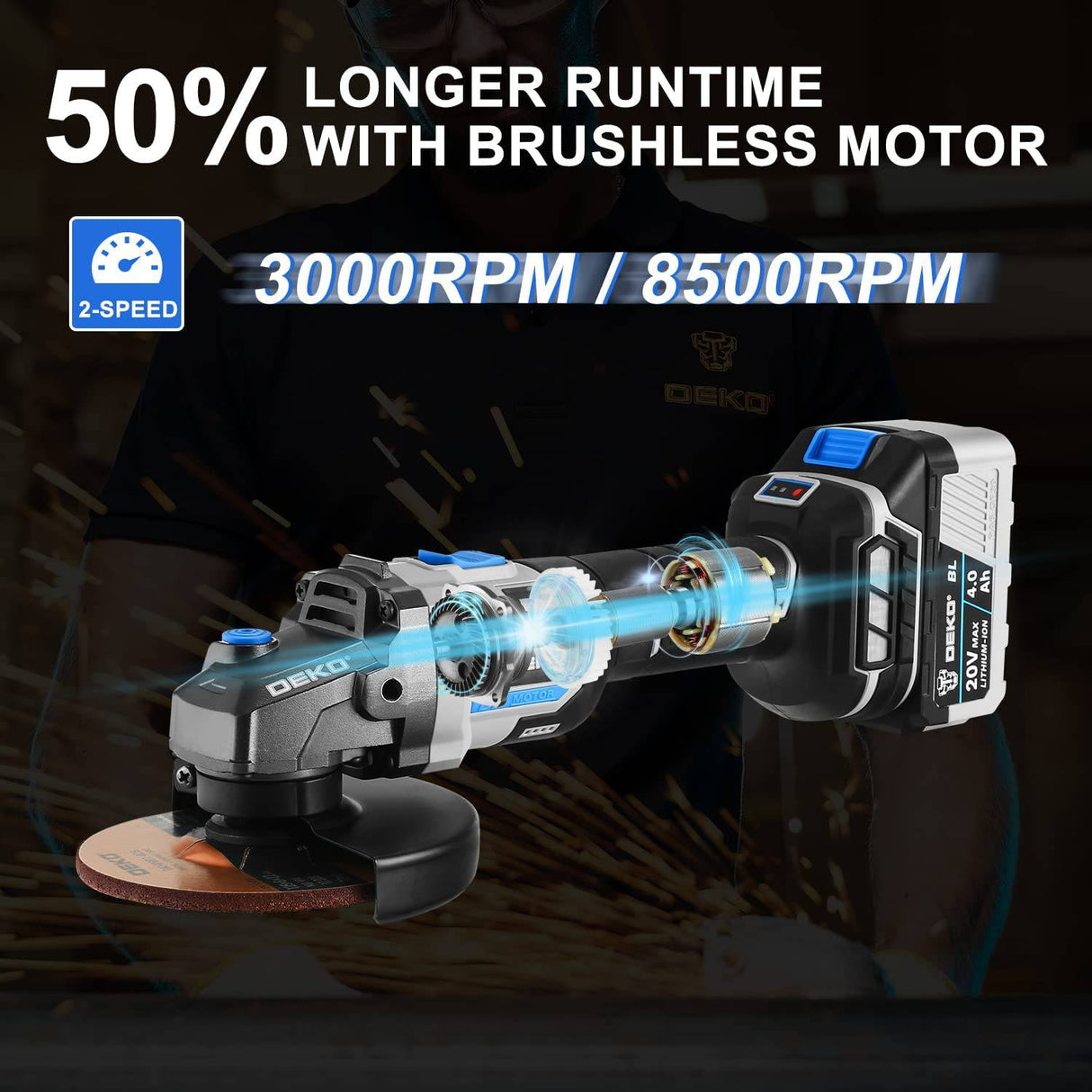 DEKOPRO Herramienta de amoladora angular, almohadilla de 4-1/2"/5", inalámbrica de 20 V con batería y cargador de 4,0 Ah, motor sin escobillas de 3000/8500 RPM, 2 ruedas de molienda y corte, herramienta de batería para madera de metal - DIGVICE MX