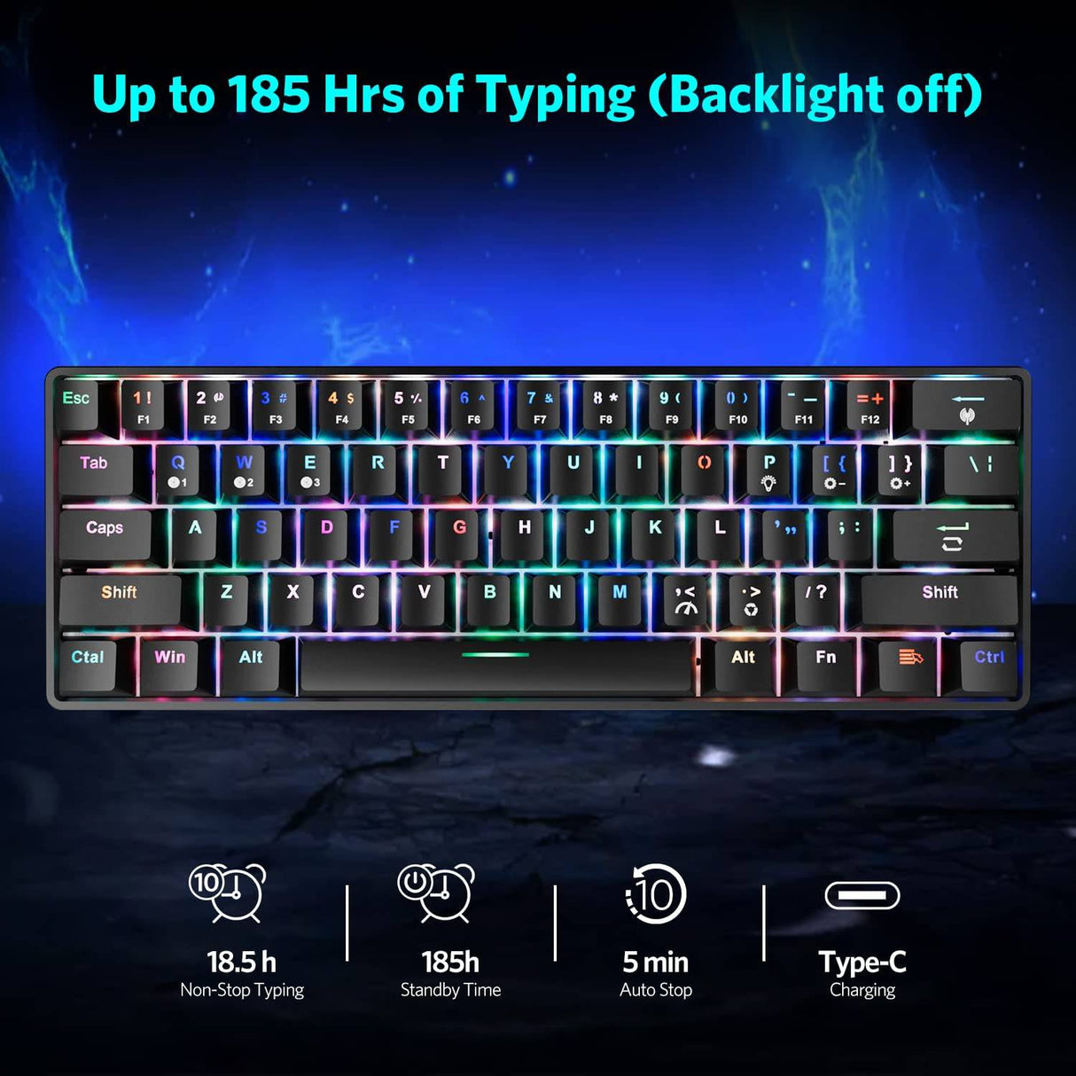 Fiodio 61 teclas RGB inalámbrico y teclado mecánico para juegos con cable con interruptores azules, sonido de clic audible Arco iris portátil compacto mini teclado de oficina para juegos de PC con Windows, (F-SG61)