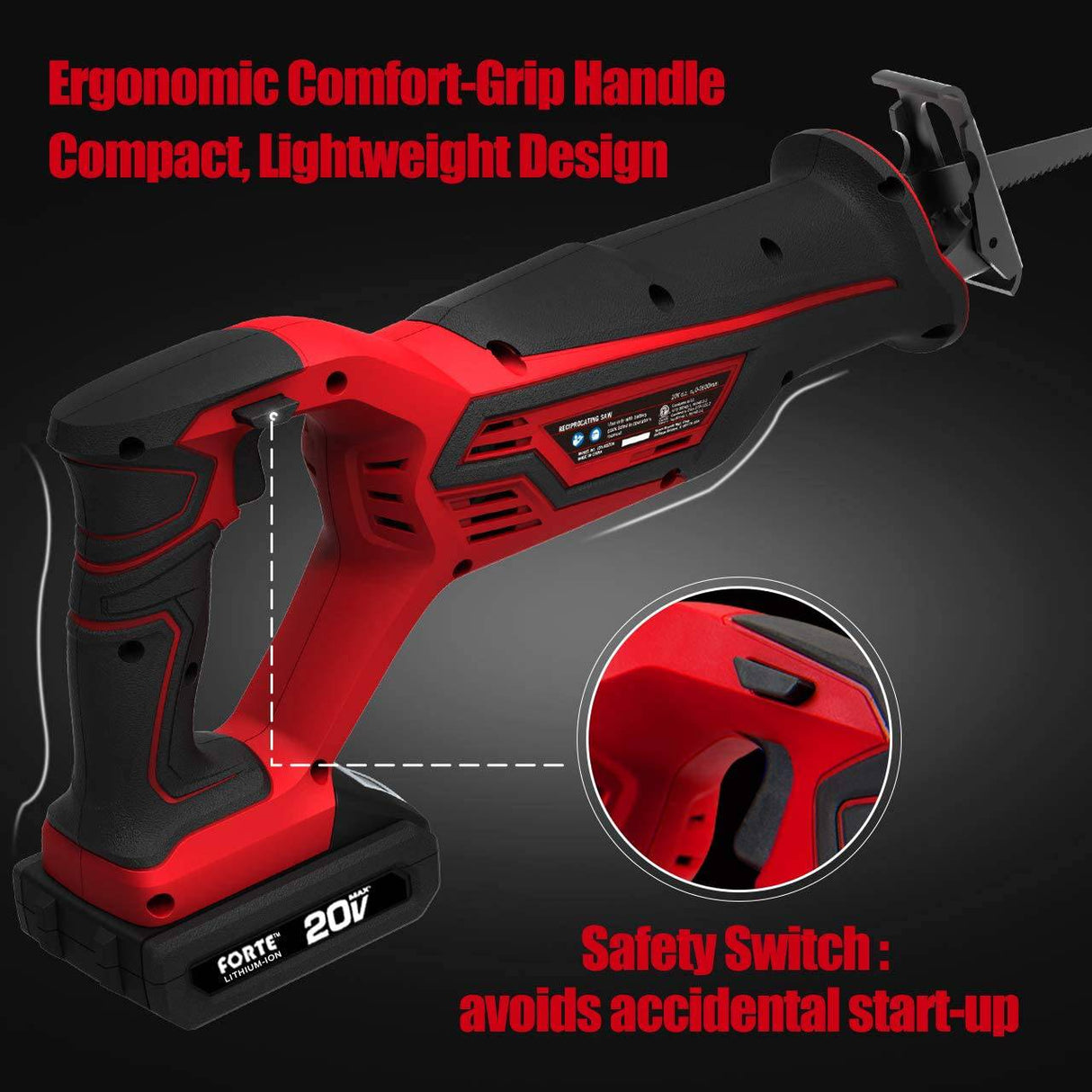 Sierra alternativa FORTE de 20 V máx. con batería de iones de litio y cargador rápido, velocidad variable y cambio de hoja sin herramientas, 2 hojas de sierra para corte de madera y metal - DIGVICE MX