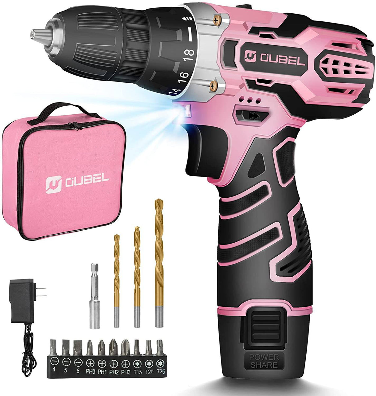 OUBEL Juego de brocas rosas para mujer, taladro inalámbrico rosa de 12 V, taladro eléctrico, taladro de batería, batería de 2000 mAh, ajuste de par de 18+1, portabrocas sin llave de 3/8 pulgadas, 2 velocidades variables - DIGVICE MX