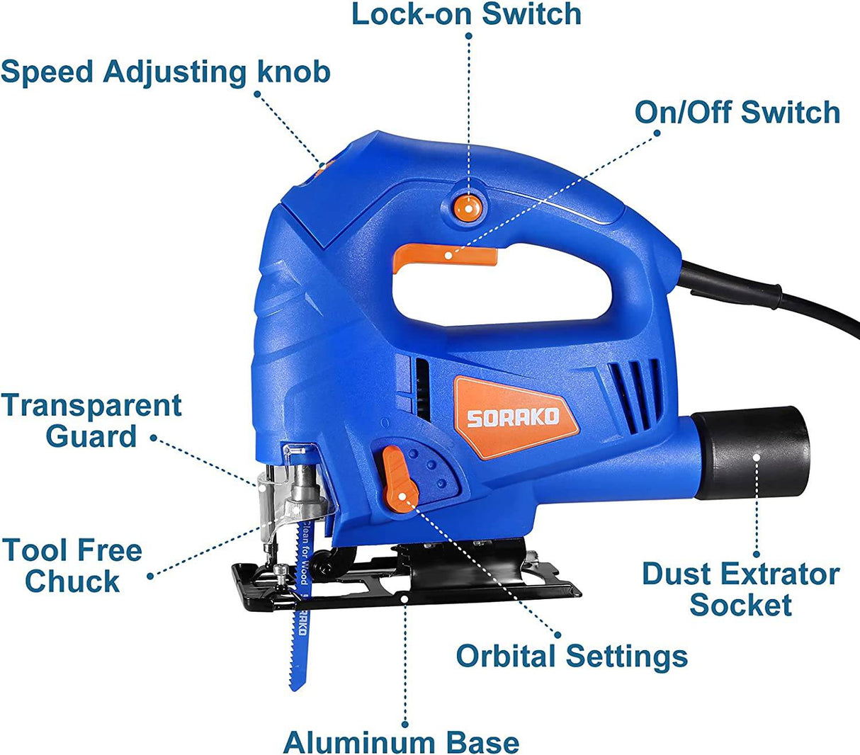 Sierra de calar SORAKO, herramienta de 5,0 amperios con 6 velocidades variables, 4 juegos orbitales, corte biselado: ±45°, profundidad máxima de corte de 2-3/8 pulgadas para madera, 800-3000SPM, con cable con 2 cuchillas y regla de escala - DIGVICE MX