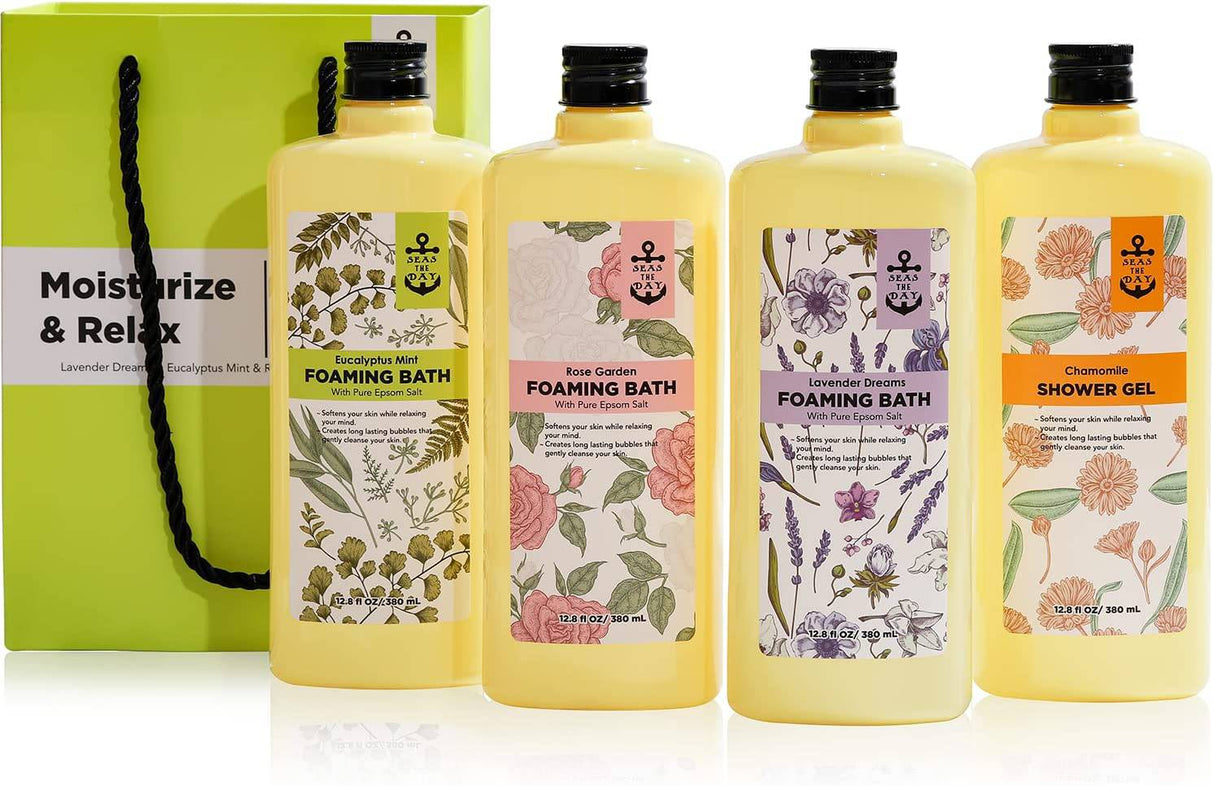 Seas the Day - Baño de burbujas, baño espumoso con sal pura de Epsom, rosa, lavanda, manzanilla y eucalipto, aroma a menta, paquete de 4 51.2 fl oz
