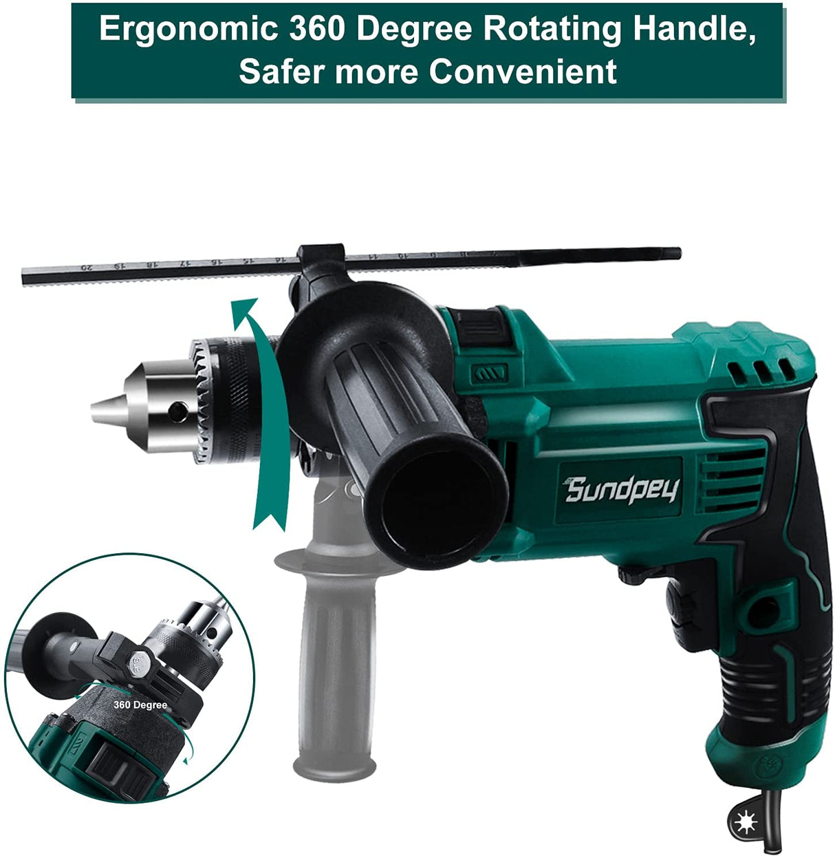 Sundpey Taladros eléctricos con cable - 1/2 pulgada 710W Velocidad variable 0-2800rpm Juego de 80 piezas Taladro de impacto con cable Dos modos Manija giratoria Medidor de profundidad para mejorar el hogar Construcción Concreto - DIGVICE MX