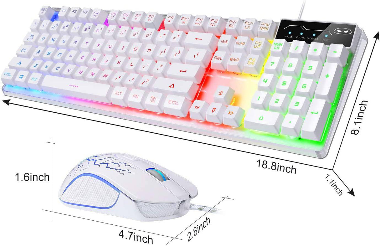 MageGee - Combo de teclado y mouse para juegos, teclado retroiluminado con arco iris LED K1 con 104 teclas Teclado para juegos de computadora PC para PC / computadora portátil (blanco)