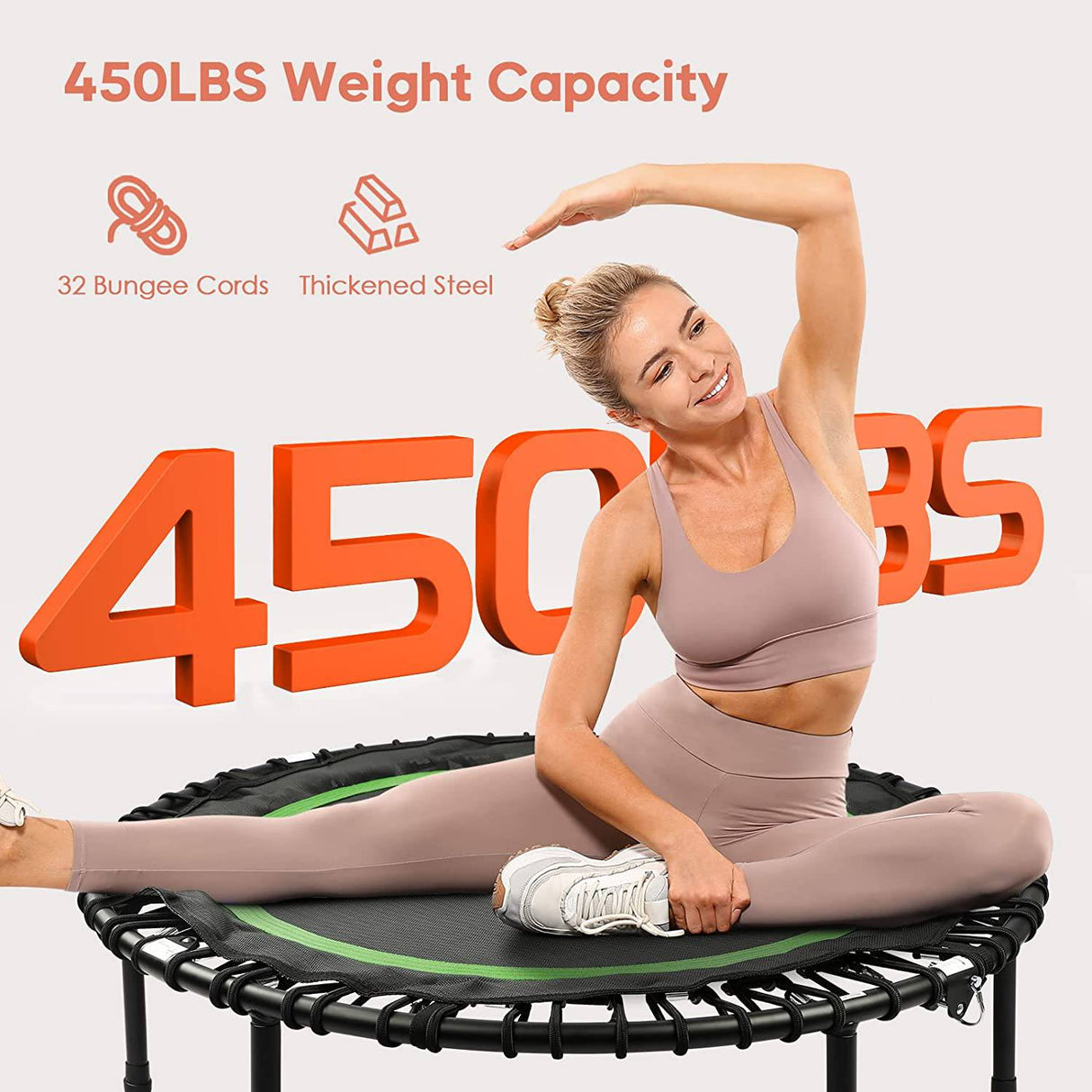 BCAN 300LBS/450LBS Mini trampolín plegable, 38" Fitness Trampoline con almohadilla de seguridad/cuerdas elásticas, rebote de ejercicio estable y silencioso para niños adultos entrenamiento en interior/jardín