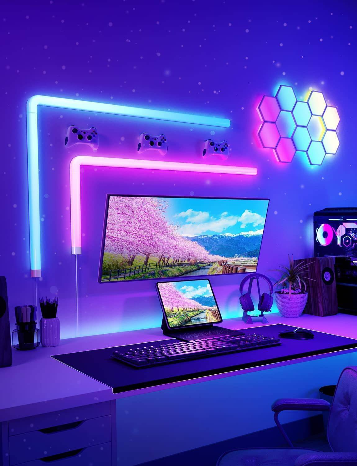 Govee Glide RGBIC Luces de pared LED, apliques de pared RGBIC inteligentes para transmisión de juegos, TV, dormitorio, trabajo con Alexa y Google Assistant, tiras de luces con sincronización de música, deslizadores multicolores, 6 piezas y 1 esquina - DIGVICE MX