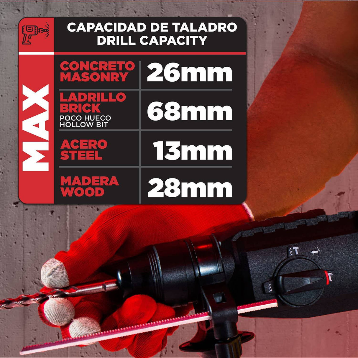 Taladro percutor PROMAKER SDS-PLUS 850W, Taladro percutor Sds 4 funciones en 1, 7,5 AMP, velocidad variable, Percutor para hormigón con maletín y accesorios, Taladro percutor Sds con cable - DIGVICE MX