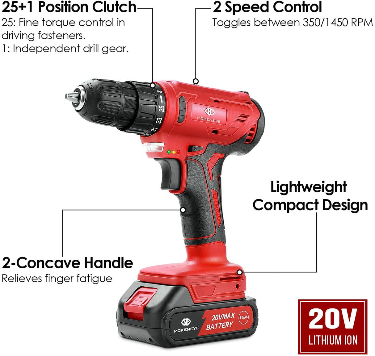 MOKENEYE - Kit de taladro inalámbrico de 20 V, taladro eléctrico con batería de iones de litio de 20 V, 2 velocidades variables, 25 + 1 posición, par de 320 pulgadas, portabrocas sin llave de 3/8 pulgadas, luz LED integrada - DIGVICE MX
