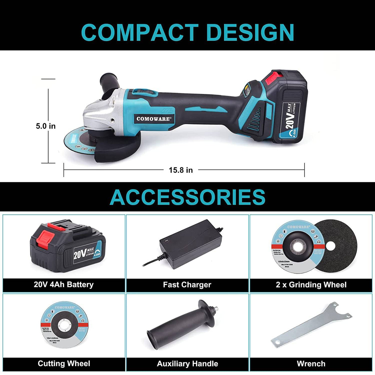COMOWARE Kit de amoladora angular inalámbrica sin escobillas de 20 V, 4-1/2 pulgadas, herramienta de amoladora angular ligera con batería de iones de litio de 4,0 Ah y cargador rápido, posición ergonómica del botón para reducir la presión de la mano - DIGVICE MX