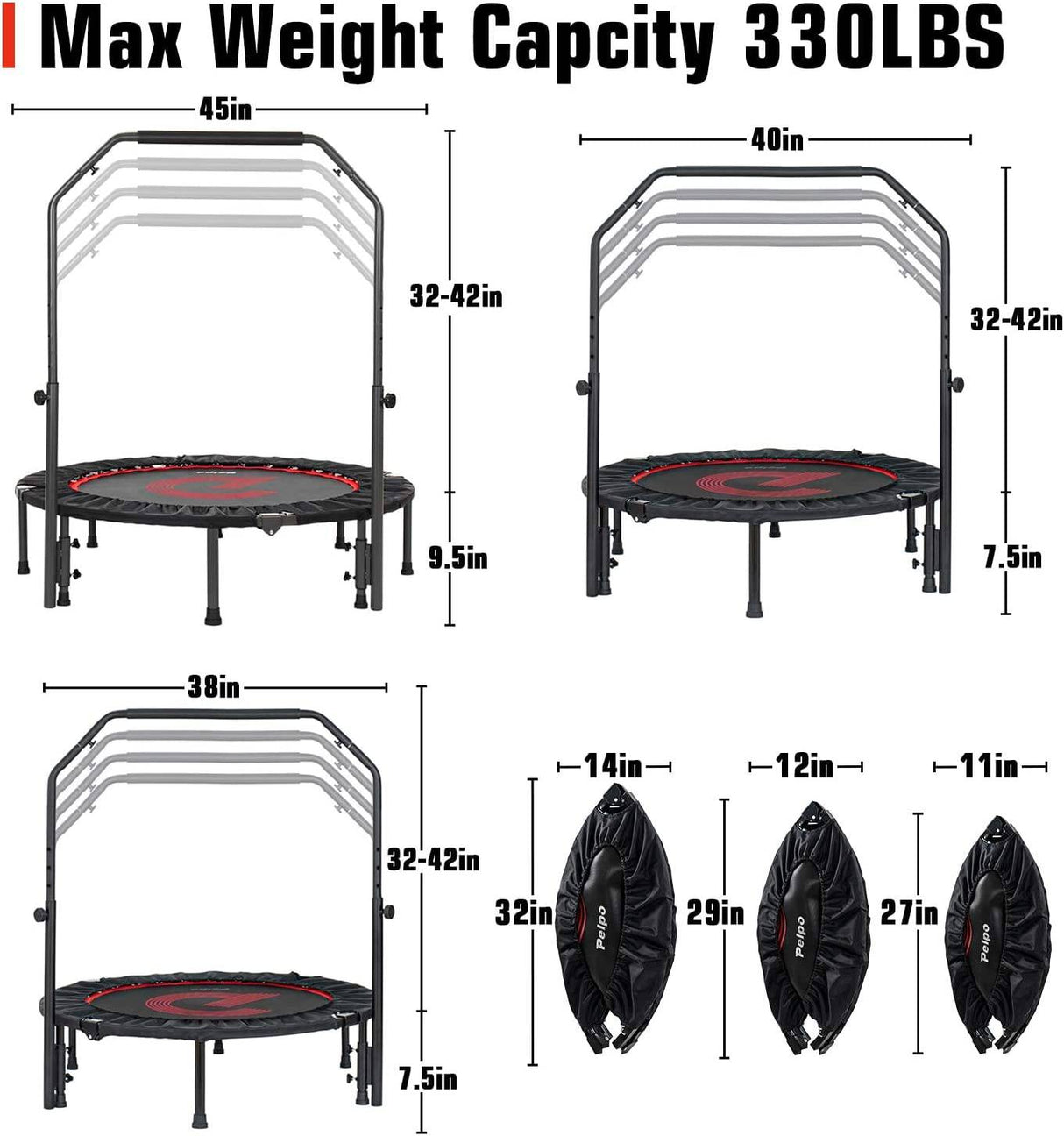 Pelpo 38" Mini trampolín plegable, trampolín de ejercicio con mango de espuma ajustable, trampolín reboteador para adultos Fitness, trampolín interior para entrenamiento de rebote carga máxima 330 libras