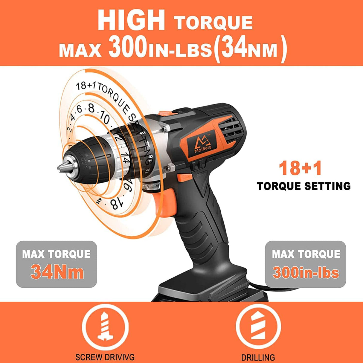 MAIBERG Taladro inalámbrico, juego de pistola de tornillo de energía eléctrica con batería de 20 V 2 Ah, 26 accesorios, par máximo de 300 libras (300 in-lb), cargador de 1.3 A, portabrocas de 3/8 pulgadas, 2 velocidades variables - DIGVICE MX