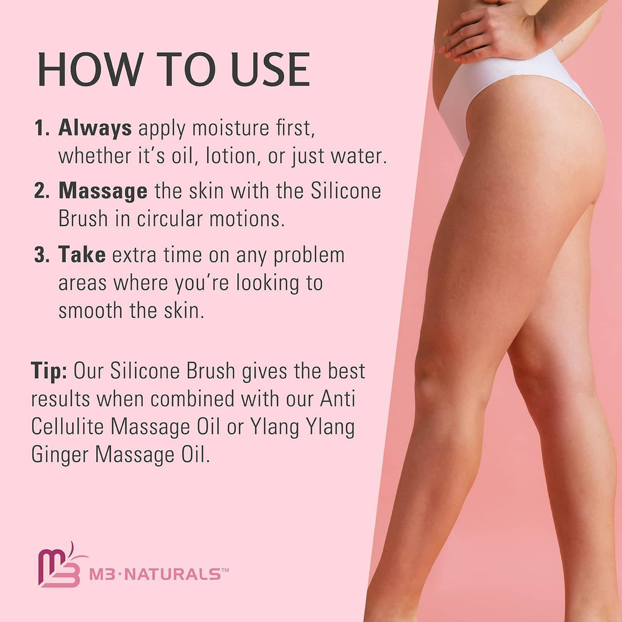 M3 Naturals - cepillo exfoliante de silicona | Silicona suave y delicada | Cepillo Anti Celulitis | Circulación Sanguínea, Suavizado De La Piel | Aprieta, tonifica, exfolia y reafirma la piel | Uso en cuero cabelludo, piel y músculos.