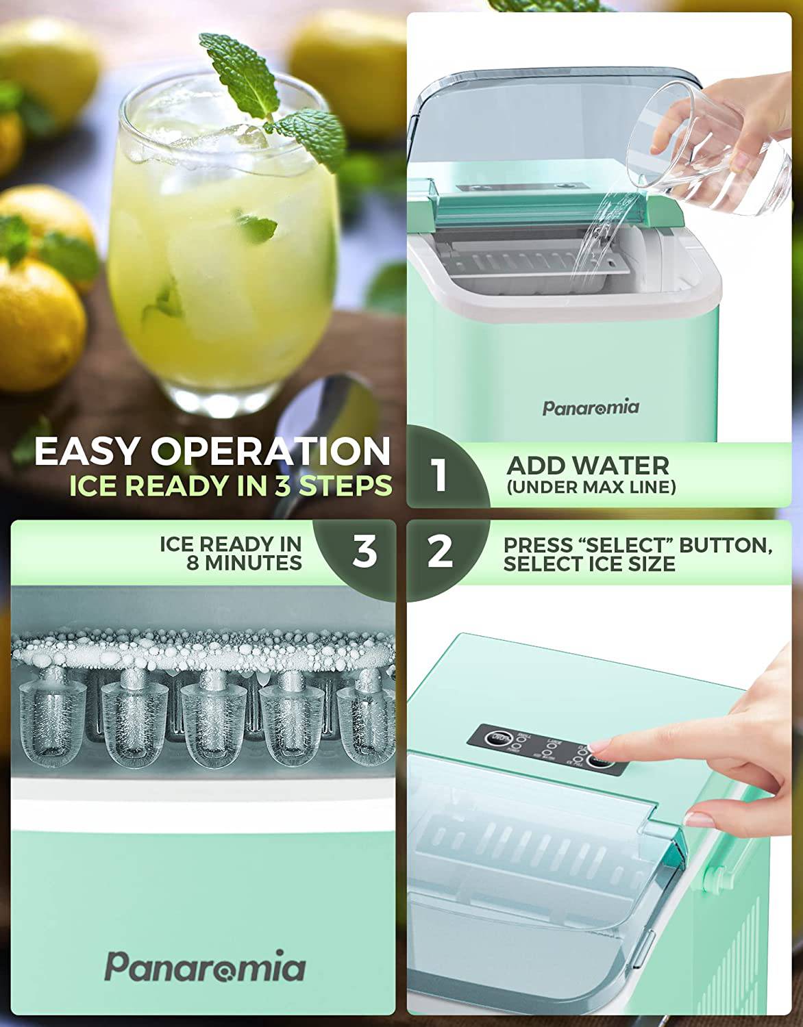 Panaromia - Encimera para máquina para hacer hielo, 27 libras en 24 horas, encimera para hacer hielo autolimpiante con asa, 9 cubos listos en 8 minutos, máquina para hacer hielo eléctrica con cuchara para hielo y cesta Hogar/Cocina/Oficina - DIGVICE MX