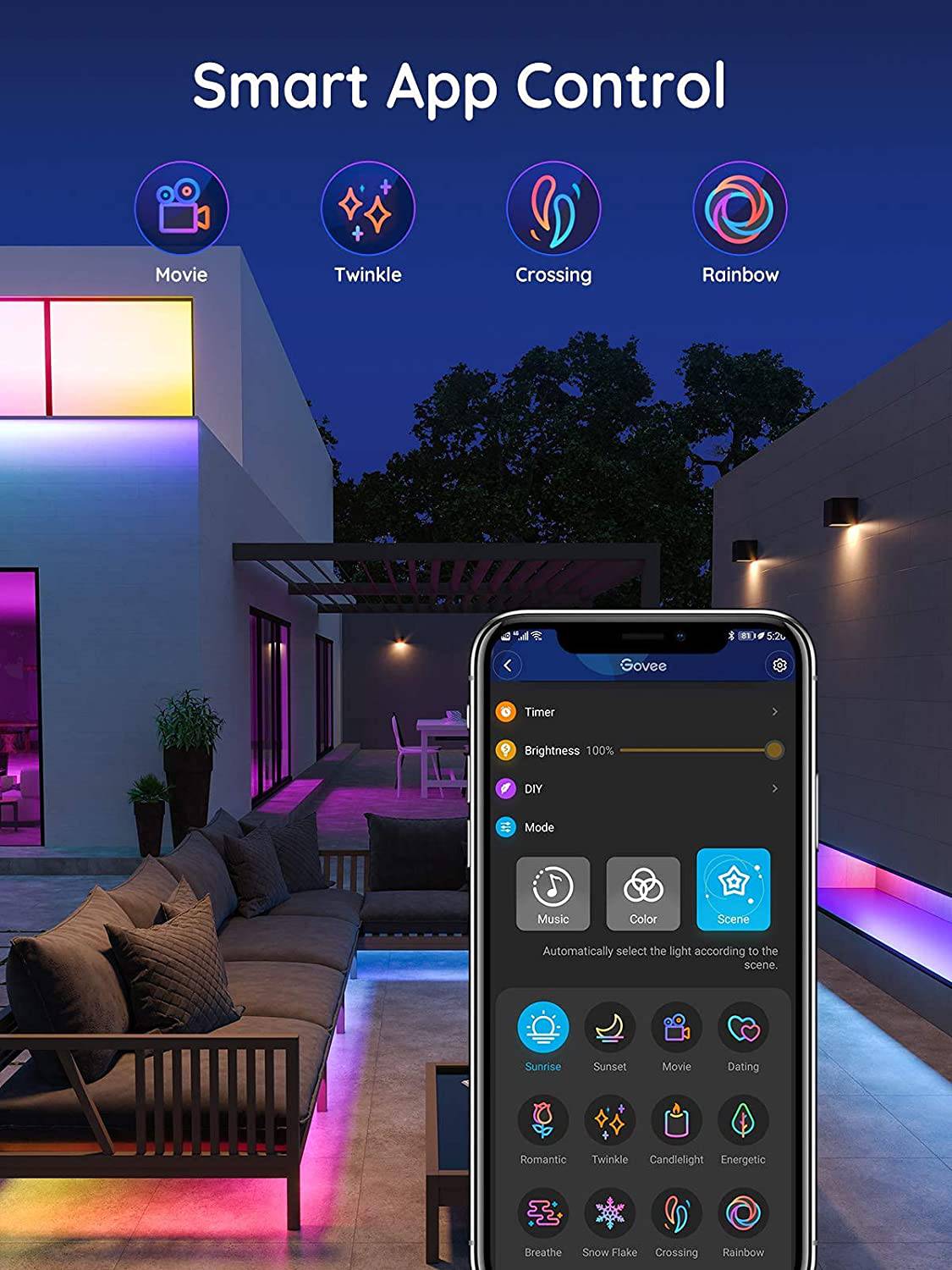 Govee Tira de luces LED impermeables para exteriores, luces inteligentes IP65 de 32.8 pies con control de aplicación, luces RGBIC para exteriores con 64 modos de escena y modo de música - DIGVICE MX