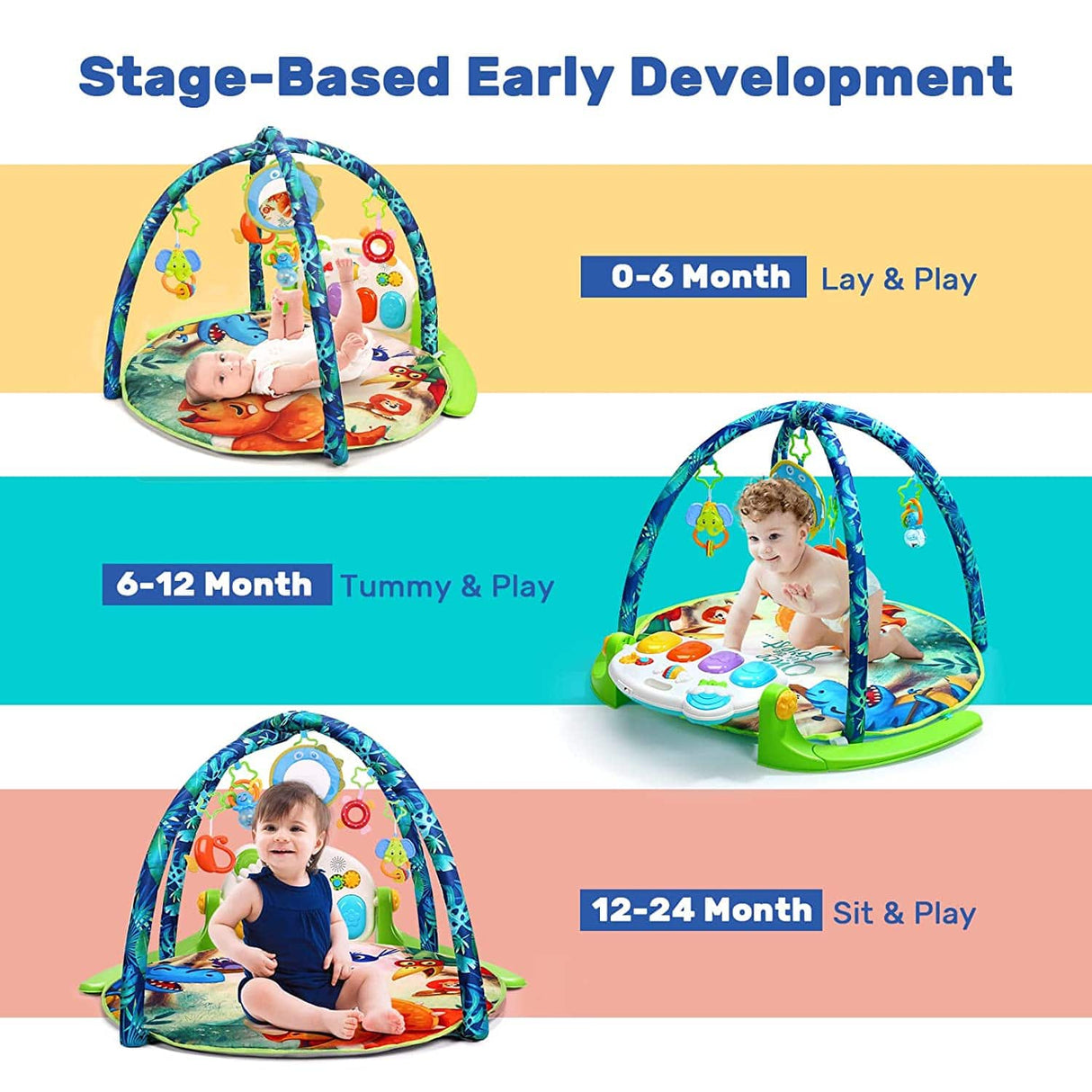 HOLYFUN Baby Gym Play Mat, Kick and Play Piano Gym con 5 juguetes sensoriales para morder, multifuncional Tummy Time Round Playmats, Centro de actividades musicales Regalo de desarrollo temprano para recién nacidos y niños pequeños - DIGVICE MX