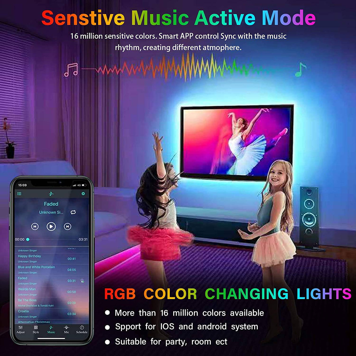 ATDOALL Tira de luces LED para dormitorio, tiras de luces LED que cambian de color RGB de 32.8 pies, sincronización de música Bluetooth y tiras de luces LED con control remoto - DIGVICE MX