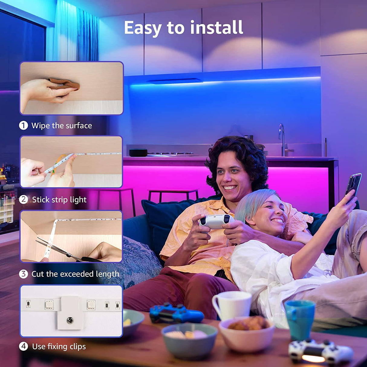 LEPRO - Tira de luces LED Lepro de 65.6 pies, tiras LED RGB 5050 ultralargas con control remoto y clips de fijación, luz de cinta que cambia de color con adaptador ETL de 12 V (32.8 pies 2) - DIGVICE MX