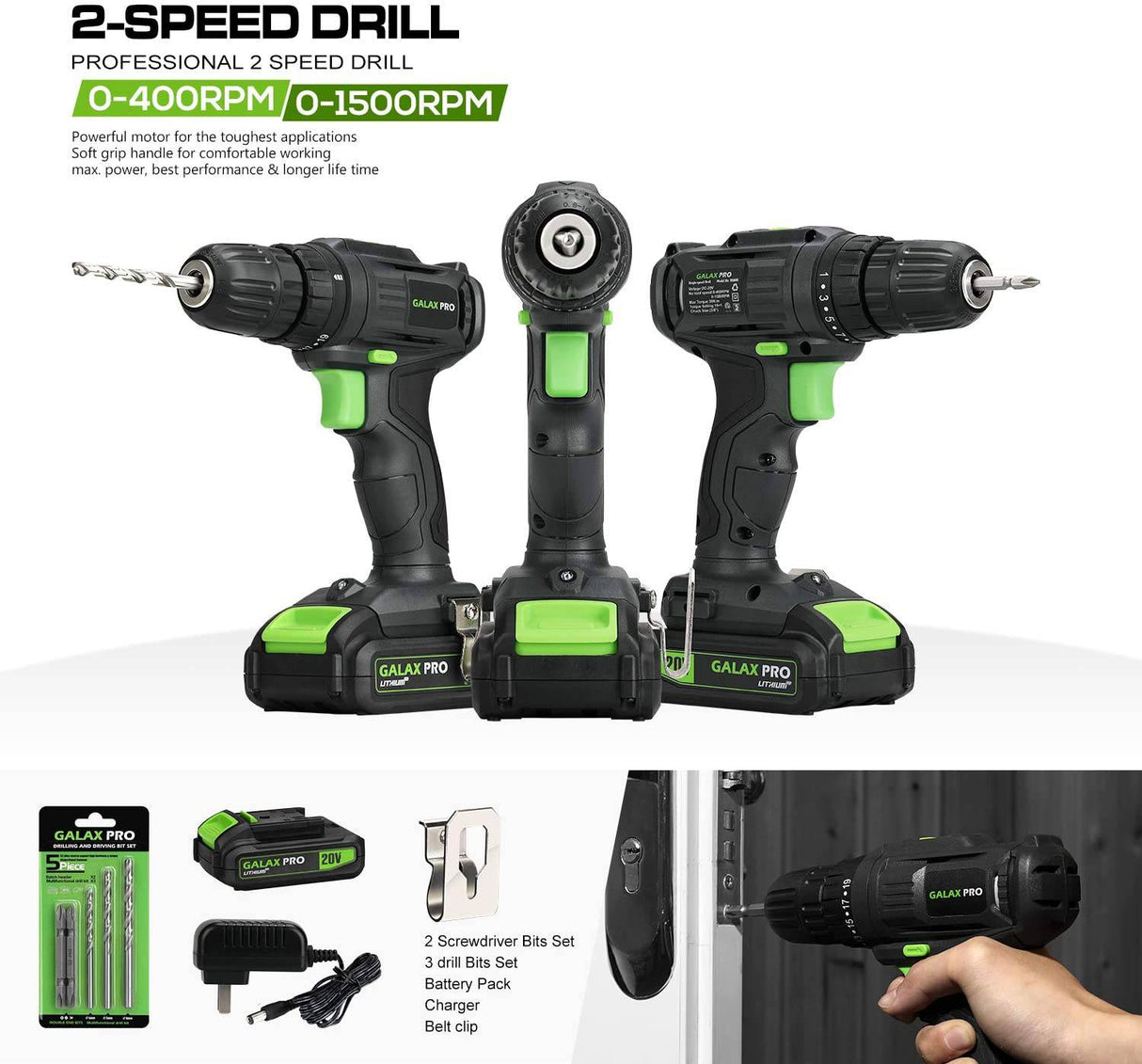 GALAX PRO Taladro compacto de 2 velocidades 20 V MAX taladro de iones de litio/controlador, taladro eléctrico de 3/8 pulgadas con ajuste de par de 19 + 1, batería de 1,3 Ah, luz de trabajo LED - DIGVICE MX