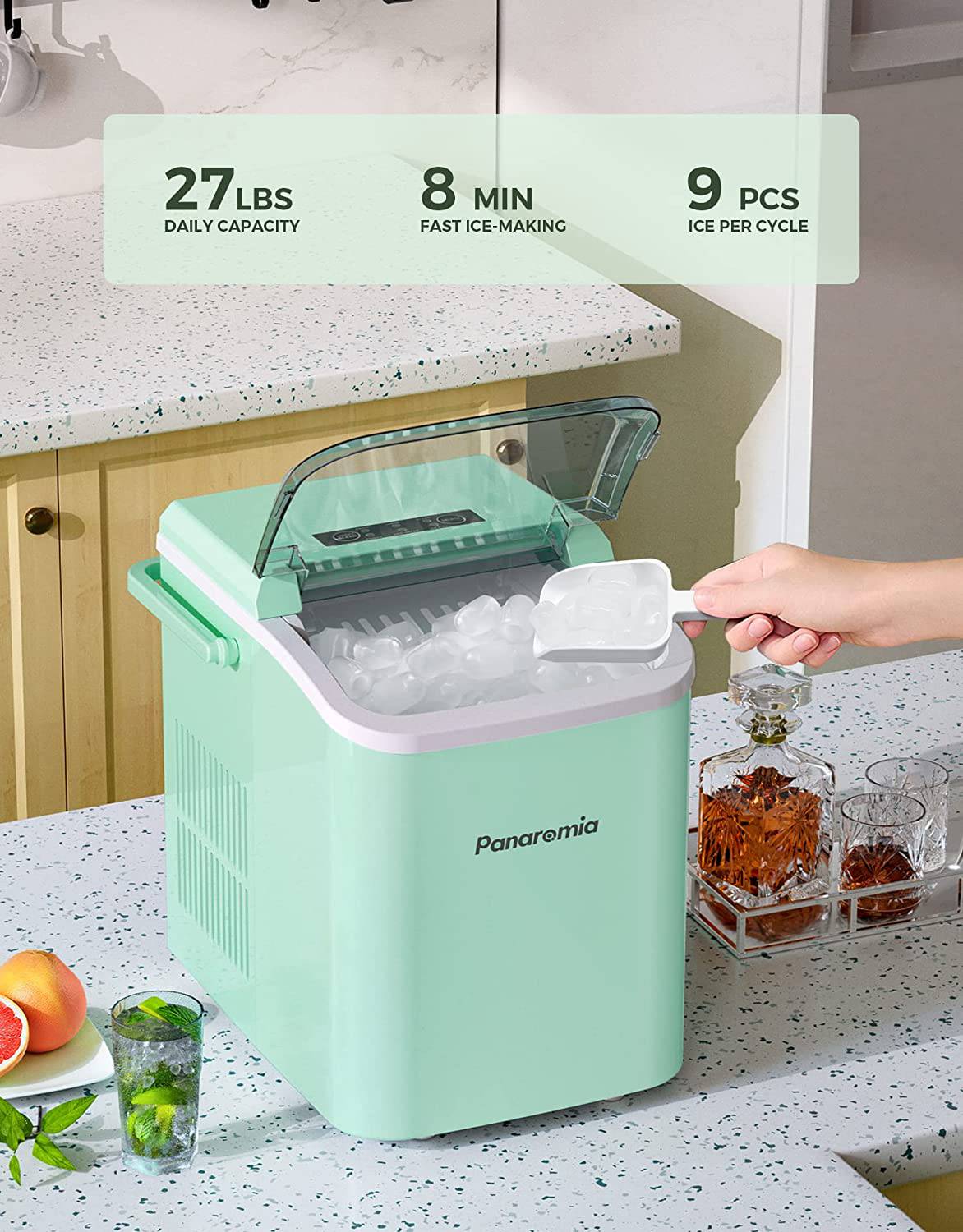 Panaromia - Encimera para máquina para hacer hielo, 27 libras en 24 horas, encimera para hacer hielo autolimpiante con asa, 9 cubos listos en 8 minutos, máquina para hacer hielo eléctrica con cuchara para hielo y cesta Hogar/Cocina/Oficina - DIGVICE MX